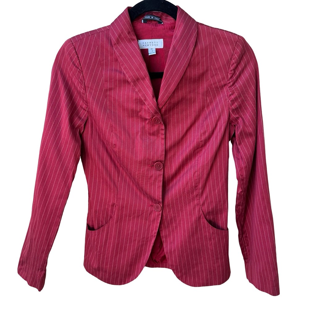 Barneys New York Vintage 90s Red Pinstripe Italian Cotton Silk Blazer Jacket 4